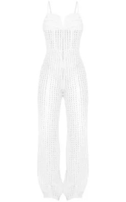 White Textured V Bar Corset Detail Wide Leg Jumpsuit