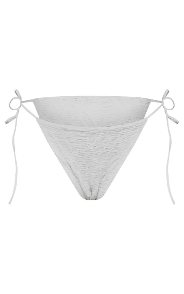 White Textured V Front Tie Side Bikini Bottoms