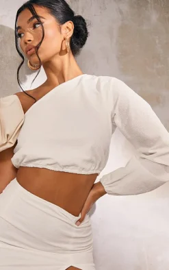 Sale PrettyLittleThing Textured Woven One Shoulder Crop Top White
