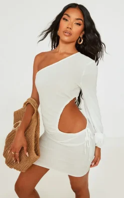 Textured Woven Ruched Cut Out One Shoulder Shift Dress-PrettyLittleThing Outlet