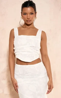 Outlet PrettyLittleThing Textured Woven Square Neck Ruched Front Corset White
