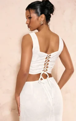 Outlet PrettyLittleThing Textured Woven Square Neck Ruched Front Corset White