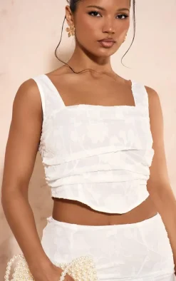 Outlet PrettyLittleThing Textured Woven Square Neck Ruched Front Corset White