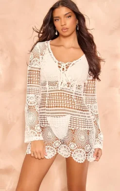 Tie Front Flare Sleeve Crochet Lace Bodycon Dress-PrettyLittleThing Clearance