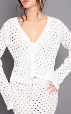 Outlet PrettyLittleThing Tie Front Hole Knit Top White