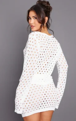 Outlet PrettyLittleThing Tie Front Hole Knit Top White