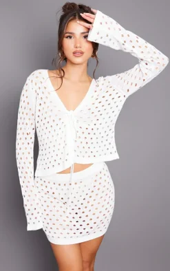 Outlet PrettyLittleThing Tie Front Hole Knit Top White