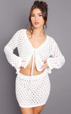Sale PrettyLittleThing Tie Front Hole Knit Mini Skirt White