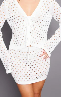 Sale PrettyLittleThing Tie Front Hole Knit Mini Skirt White