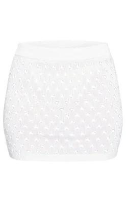 Sale PrettyLittleThing Tie Front Hole Knit Mini Skirt White