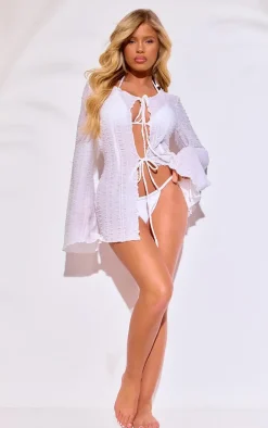 White Tie Front Shirred Beach Kimono