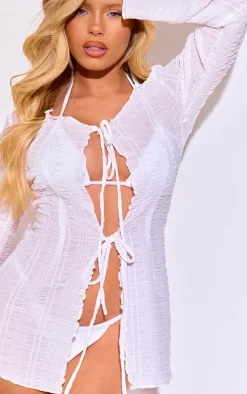 White Tie Front Shirred Beach Kimono