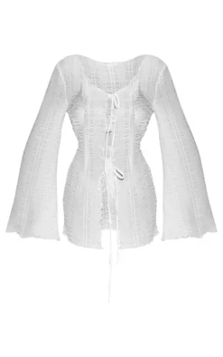White Tie Front Shirred Beach Kimono