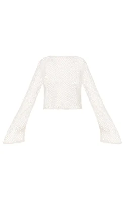 White Wide Fishnet Long Sleeve Long Top
