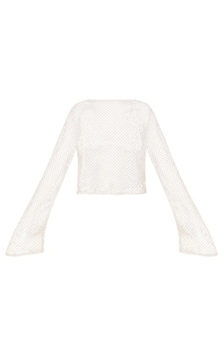 White Wide Fishnet Long Sleeve Long Top