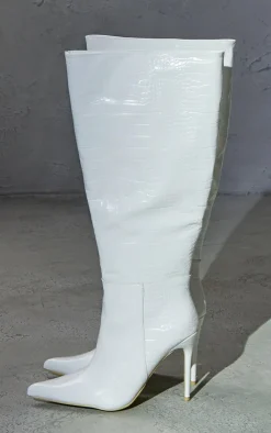 PrettyLittleThing Wide Fit Heels*Wide Fit PU Croc Point Toe High Stiletto Heeled Knee Boots