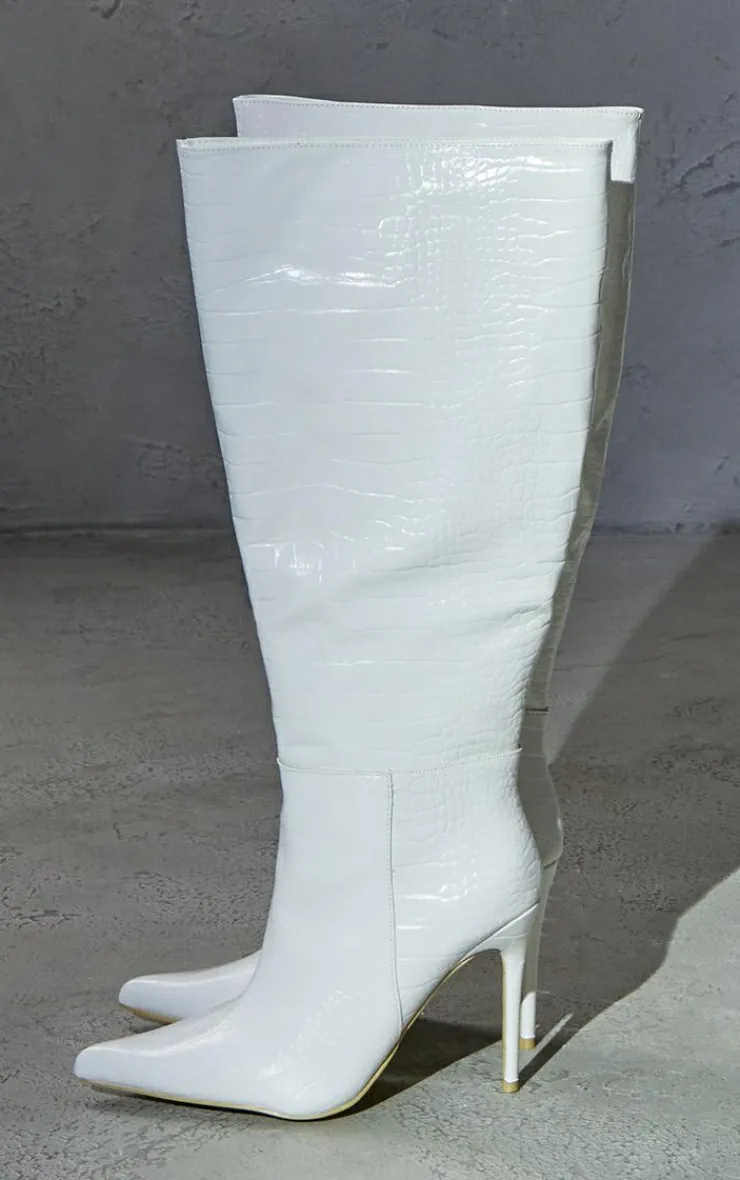 PrettyLittleThing Wide Fit Heels*Wide Fit PU Croc Point Toe High Stiletto Heeled Knee Boots