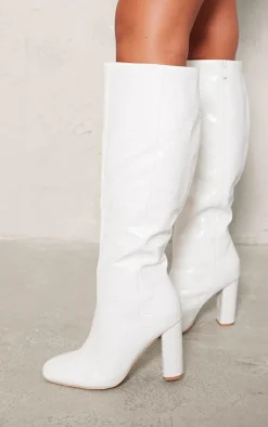 PrettyLittleThing Wide Fit Heels*Wide Fit Pu Croc Square Toe Block Heel Knee High Boots