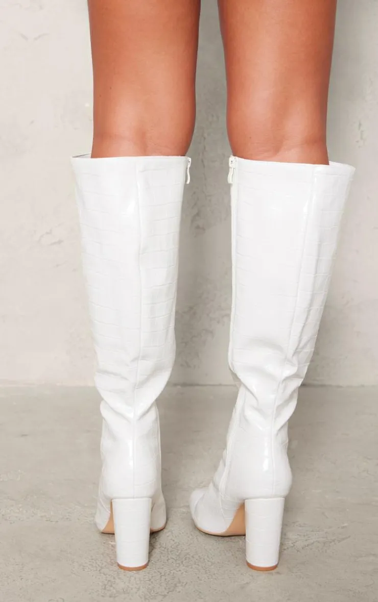 PrettyLittleThing Wide Fit Heels*Wide Fit Pu Croc Square Toe Block Heel Knee High Boots