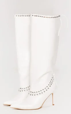 PrettyLittleThing Wide Fit Boots*Wide Fit Pu Point Toe Laced Eyelet Knee High Heeled Boots