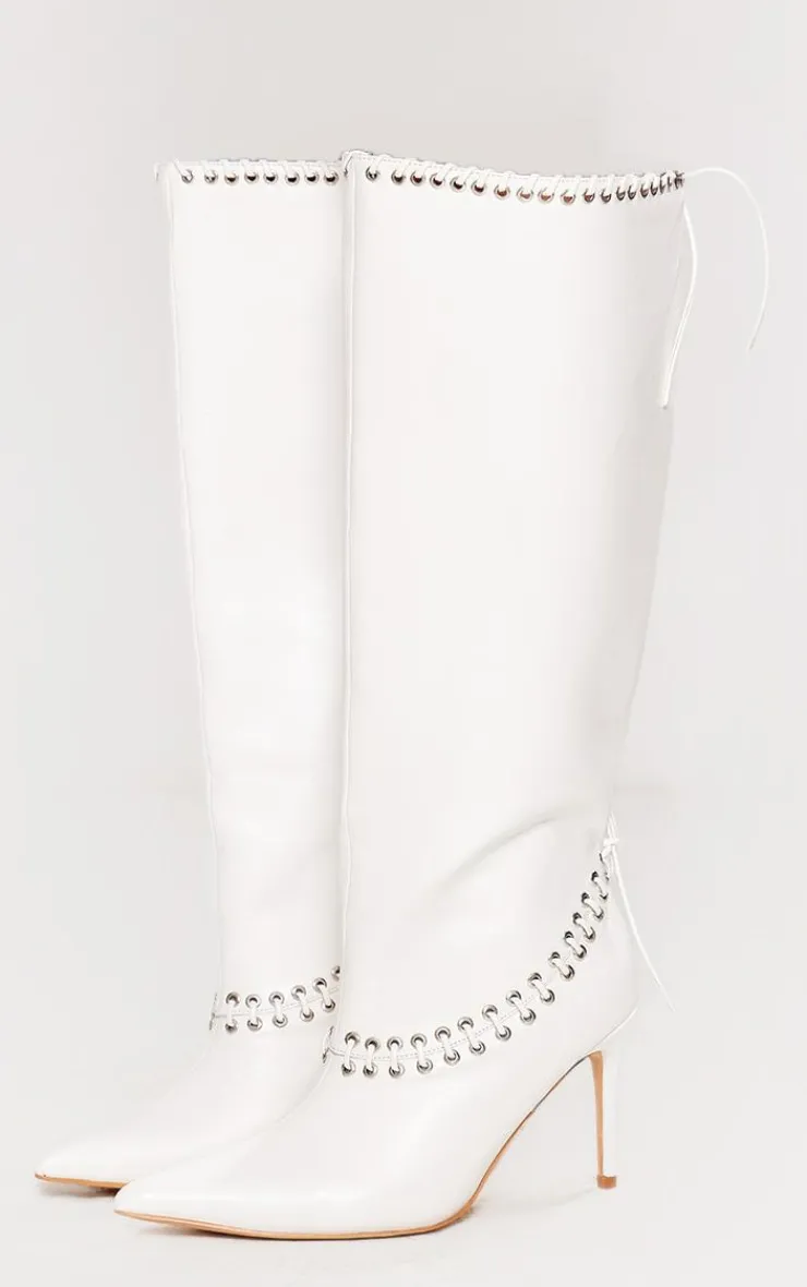 PrettyLittleThing Wide Fit Boots*Wide Fit Pu Point Toe Laced Eyelet Knee High Heeled Boots
