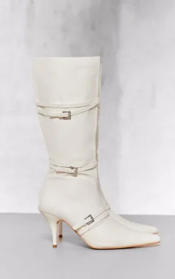 PrettyLittleThing Wide Fit Boots*Wide Fit Pu Point Toe Knee High Buckle Low Heeled Boots