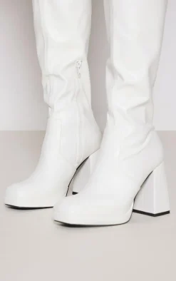 PrettyLittleThing Wide Fit Heels*Wide Fit Pu Slight Platform High Block Heeled Knee Boots