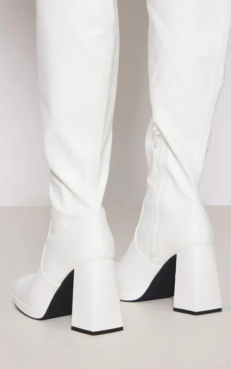 PrettyLittleThing Wide Fit Heels*Wide Fit Pu Slight Platform High Block Heeled Knee Boots