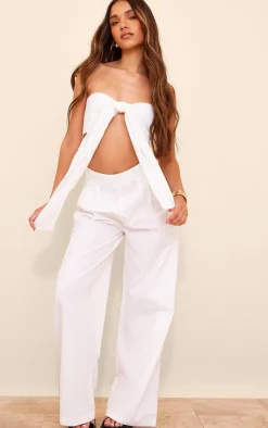 Hot PrettyLittleThing Wide Leg Linen Look Pants White