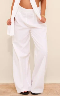 Hot PrettyLittleThing Wide Leg Linen Look Pants White