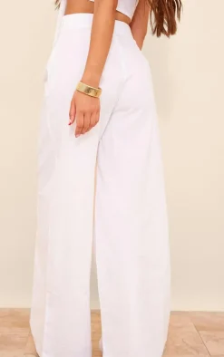 Hot PrettyLittleThing Wide Leg Linen Look Pants White