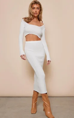 Sale PrettyLittleThing Wide Rib Knit Midaxi Skirt White