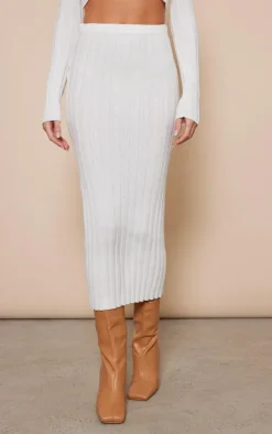 Sale PrettyLittleThing Wide Rib Knit Midaxi Skirt White
