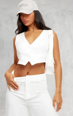 Sale PrettyLittleThing Woven Belted Back Detail Vest Top White