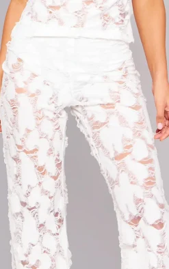 Discount PrettyLittleThing Woven Distressed Low Rise Wide Leg Pants White