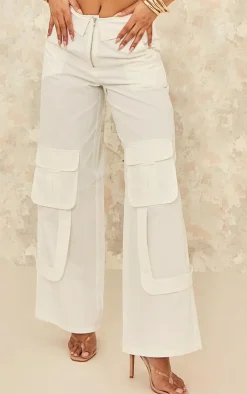 Discount PrettyLittleThing Woven Foldover Waist Zip Front Cargos White