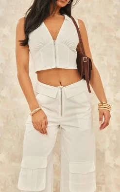 Discount PrettyLittleThing Woven Foldover Waist Zip Front Cargos White