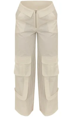 Discount PrettyLittleThing Woven Foldover Waist Zip Front Cargos White