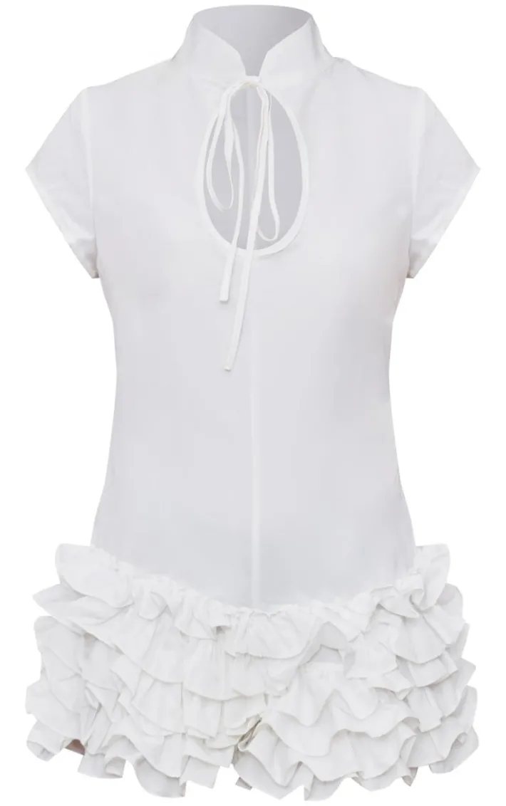 White Woven High Neck Bloomer Romper
