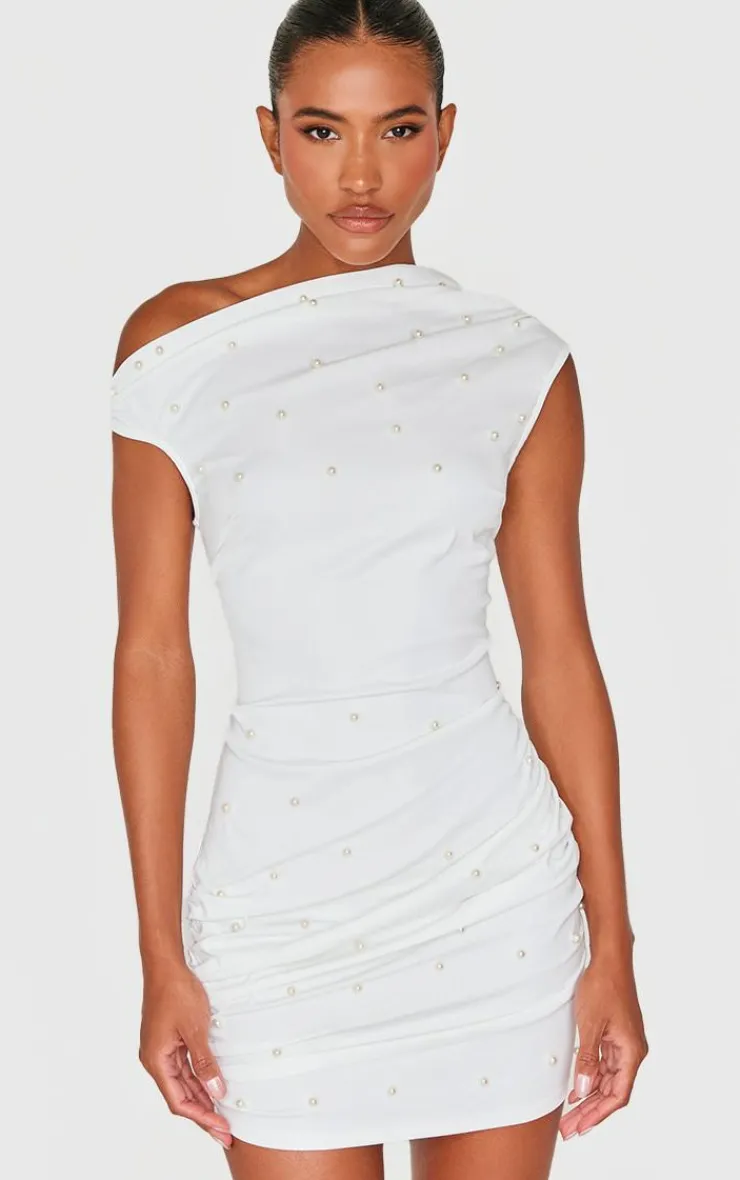 Woven Pearl Detail Mini Dress-PrettyLittleThing Hot