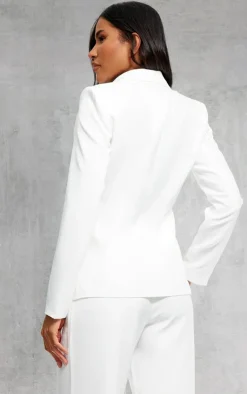 Sale PrettyLittleThing Woven Pocket Detail Double Breasted Blazer White