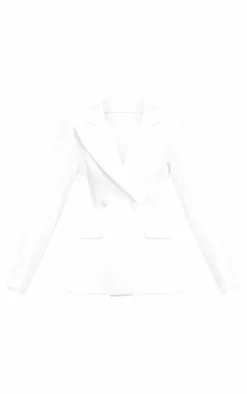 Sale PrettyLittleThing Woven Pocket Detail Double Breasted Blazer White