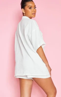 Online PrettyLittleThing Woven Pocket Detail Short Sleeve Oversized Shirt White