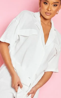 Online PrettyLittleThing Woven Pocket Detail Short Sleeve Oversized Shirt White
