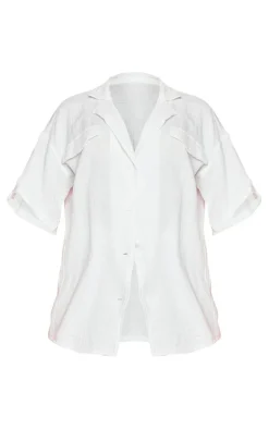Online PrettyLittleThing Woven Pocket Detail Short Sleeve Oversized Shirt White