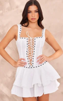 Woven Square Neck Lace Up Frill Mini Dress-PrettyLittleThing Online
