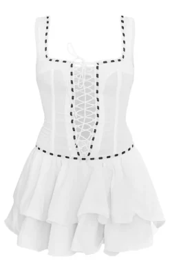 Woven Square Neck Lace Up Frill Mini Dress-PrettyLittleThing Online