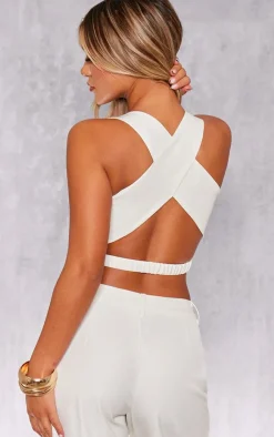 PrettyLittleThing White Woven Tailored Cross Over Back Detail Vest Cream