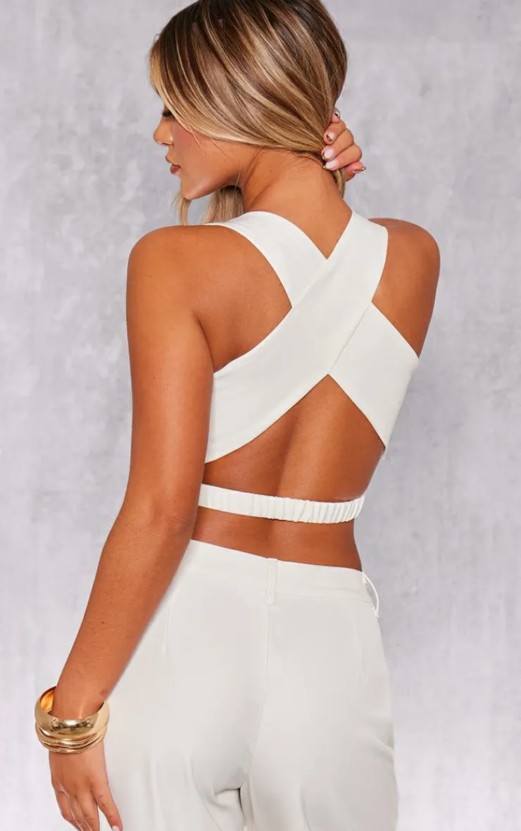 PrettyLittleThing White Woven Tailored Cross Over Back Detail Vest Cream
