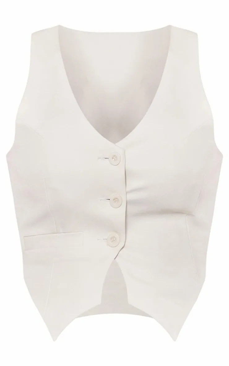 PrettyLittleThing White Woven Tailored Cross Over Back Detail Vest Cream